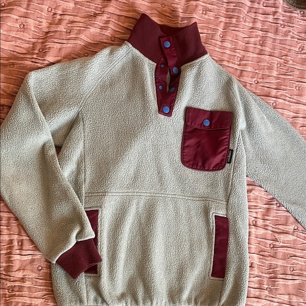 Cotopaxi Turtleneck Sweater in Burgundy and light teal